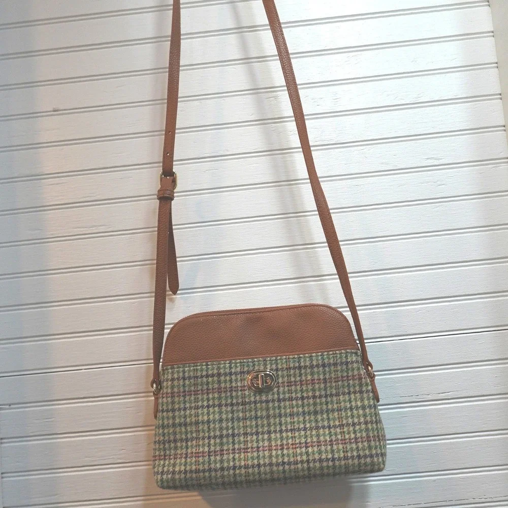 Vintage Talbots Crossbody‎ Purse Tan Leather Wool Plaid Adjustable Strap Bag